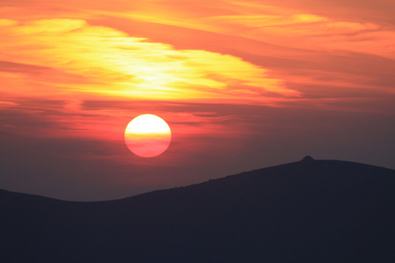 Sun Setting over Mountains — Orange, Dramatic, Sunset, Photograph, Mountain