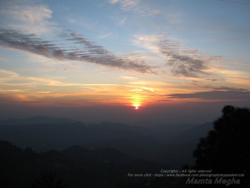 Sun Setting over Mountains — Orange, Serene, Sunset, Photograph, Clouds