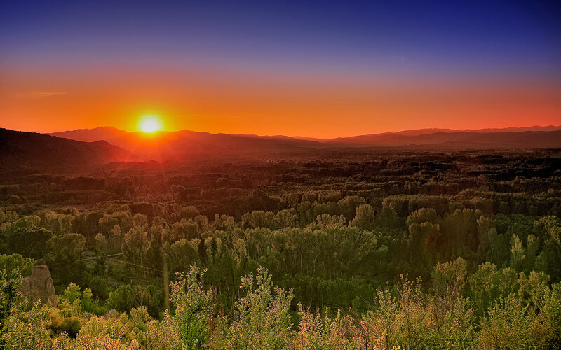 Sun Setting over Mountains — Orange, Serene, Sunset, Photograph, Forest