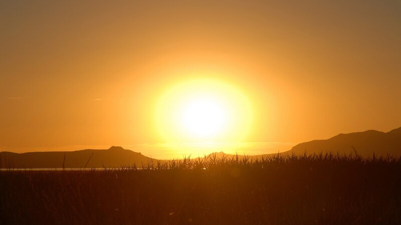Sun Setting over Mountains — Orange, Serene, Sunset, Photograph, Grass
