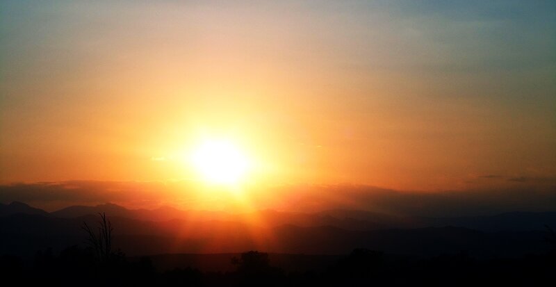 Sun Setting over Mountains — Orange, Serene, Sunset, Photograph, Sky, Trees