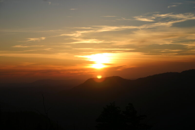 Sun Setting over Mountains — Orange, Serene, Sunset, Photograph, Sky, Trees, Yellow
