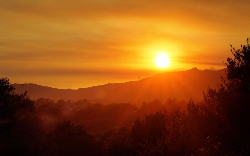 Sun Setting over Mountains — Orange, Serene, Sunset, Photograph, Trees, Sky