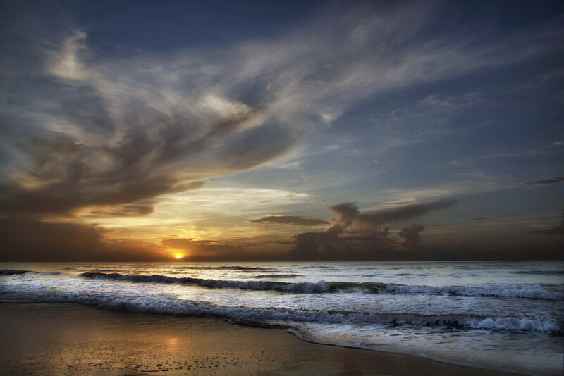 Sun Setting over Ocean — Blue, Dramatic, Sunset, Photograph, Beach