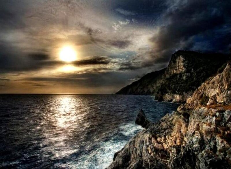 Sun Setting over Ocean — Blue, Dramatic, Sunset, Photograph, Cliffs