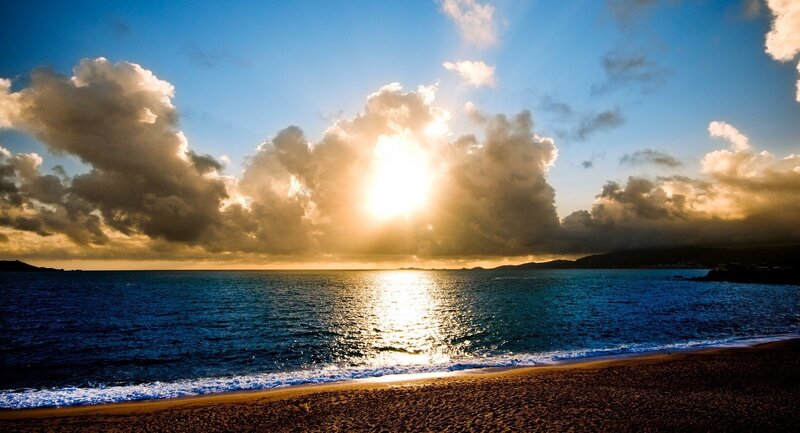 Sun Setting over Ocean — Blue, Dramatic, Sunset, Photograph, Clouds, Beach