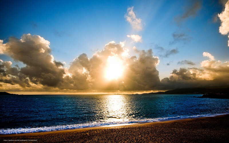 Sun Setting over Ocean — Blue, Dramatic, Sunset, Photograph, Clouds, Beach, Waves