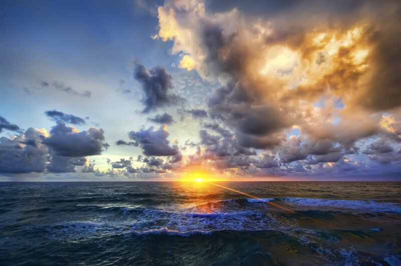 Sun Setting over Ocean — Blue, Dramatic, Sunset, Photograph, Clouds, Sea, Orange
