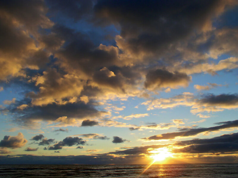 Sun Setting over Ocean — Blue, Dramatic, Sunset, Photograph, Clouds, Sea, Yellow, Gray