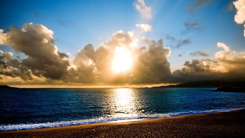 Sun Setting over Ocean — Blue, Dramatic, Sunset, Photograph, Clouds