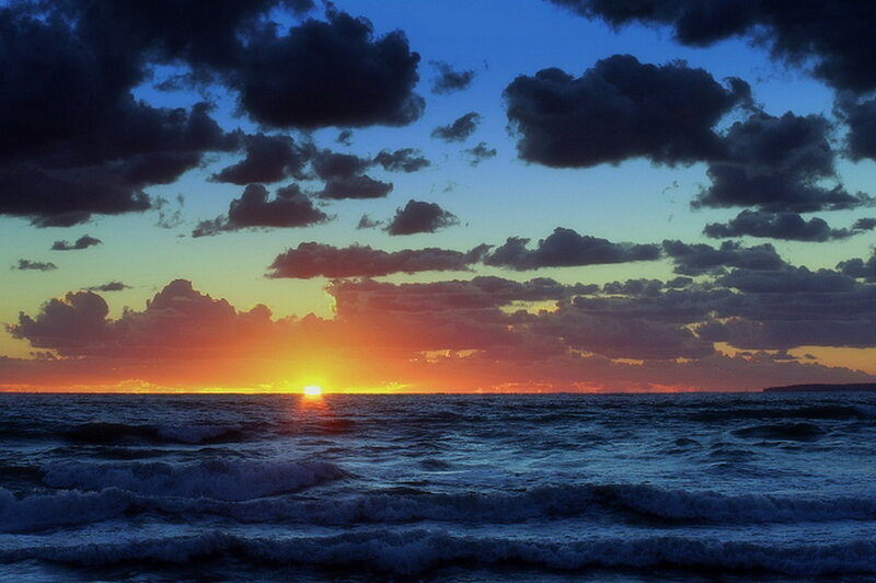 Sun Setting over Ocean — Blue, Dramatic, Sunset, Photograph, Clouds, Waves
