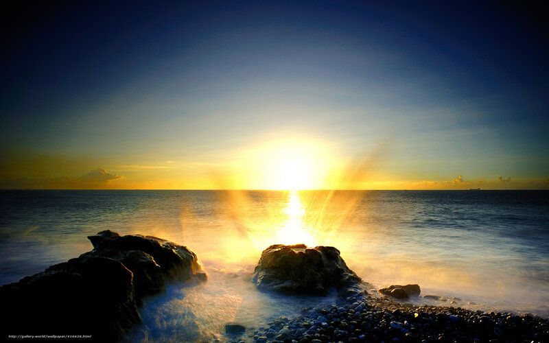 Sun Setting over Ocean — Blue, Dramatic, Sunset, Photograph, Rocks, Waves