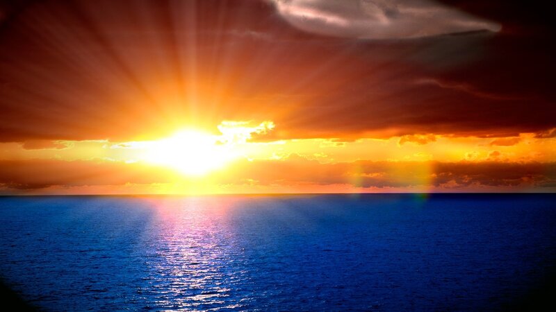 Sun Setting over Ocean — Blue, Dramatic, Sunset, Photograph, Sky, Clouds