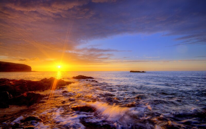 Sun Setting over Ocean — Blue, Dramatic, Sunset, Photograph