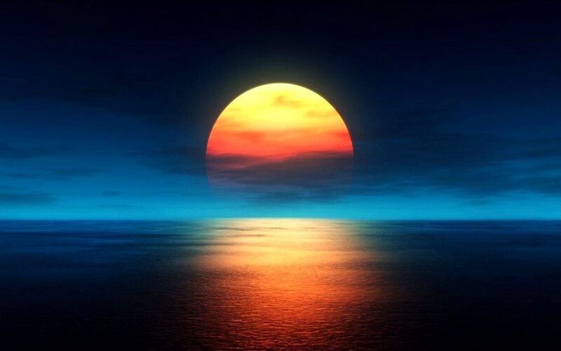 Sun Setting over Ocean — Blue, Serene, Sunset, Digital Art, Sky