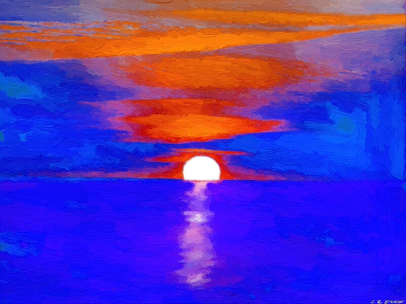 Sun Setting over Ocean — Blue, Serene, Sunset, Painting