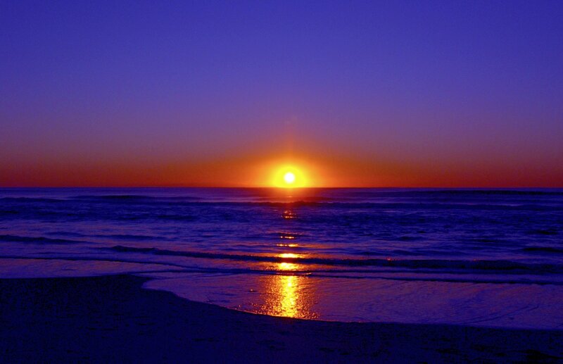 Sun Setting over Ocean — Blue, Serene, Sunset, Photograph, Beach