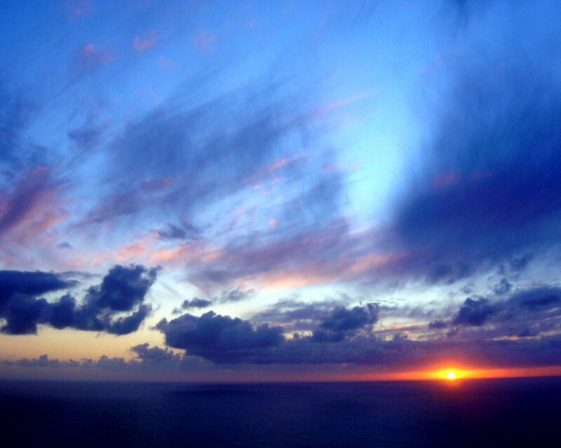 Sun Setting over Ocean — Blue, Serene, Sunset, Photograph, Clouds, Sky, Orange