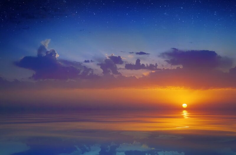 Sun Setting over Ocean — Blue, Serene, Sunset, Photograph, Clouds, Stars