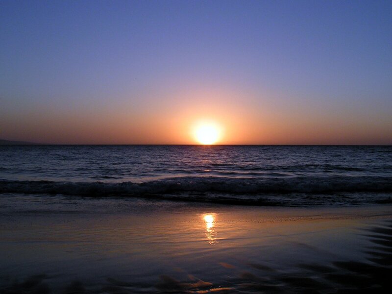 Sun Setting over Ocean — Blue, Serene, Sunset, Photograph, Sky, Beach