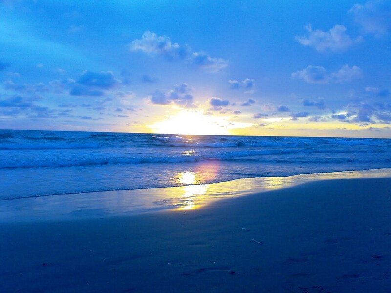 Sun Setting over Ocean — Blue, Serene, Sunset, Photograph, Sky