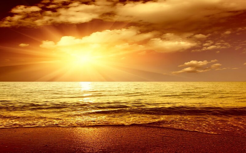 Sun Setting over Ocean — Gold, Dramatic, Sunset, Photograph, Clouds, Beach