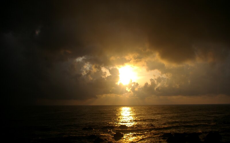 Sun Setting over Ocean — Gold, Dramatic, Sunset, Photograph, Clouds, Sea, Black