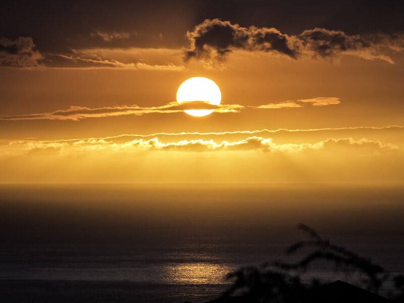 Sun Setting over Ocean — Gold, Dramatic, Sunset, Photograph, Clouds, Sea, Silhouette
