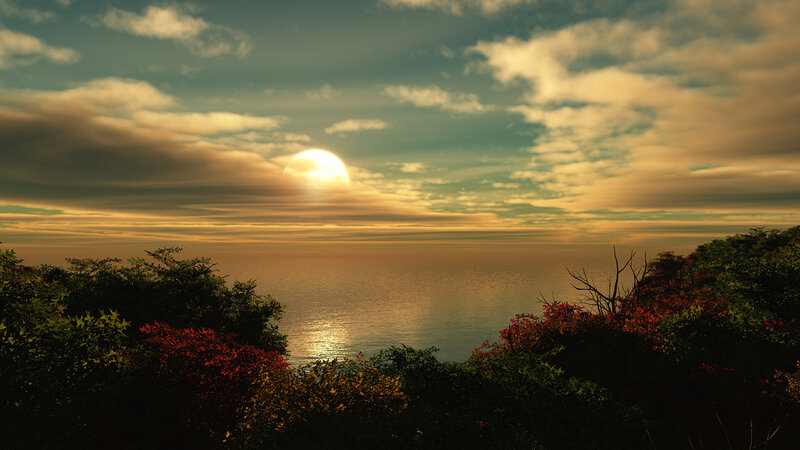 Sun Setting over Ocean — Gold, Serene, Sunset, Digital Art, Clouds