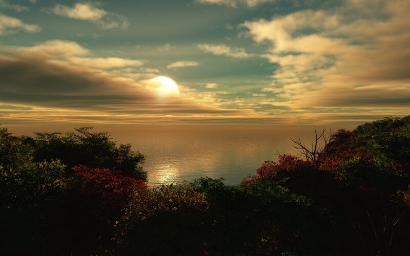 Sun Setting over Ocean — Gold, Serene, Sunset, Digital Art, Clouds, Trees