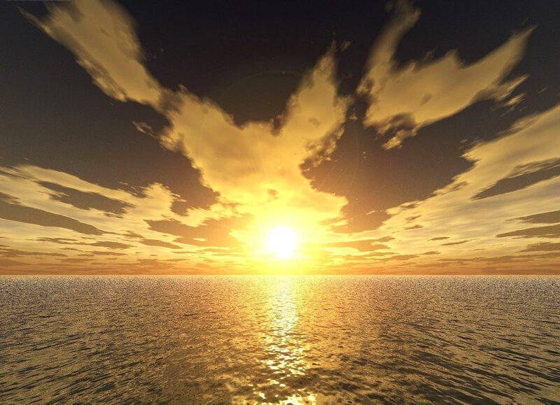 Sun Setting over Ocean — Gold, Serene, Sunset, Digital Art, Clouds, Yellow