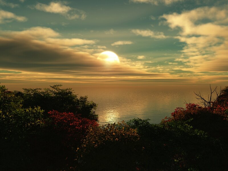 Sun Setting over Ocean — Gold, Serene, Sunset, Digital Art