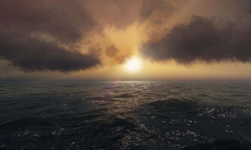Sun Setting over Ocean — Orange, Dramatic, Sunset, 3d Render