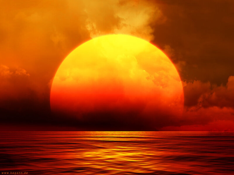 Sun Setting over Ocean — Orange, Dramatic, Sunset, Digital Art, Clouds, Red