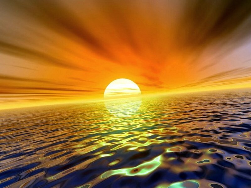Sun Setting over Ocean — Orange, Dramatic, Sunset, Digital Art, Sky, Yellow