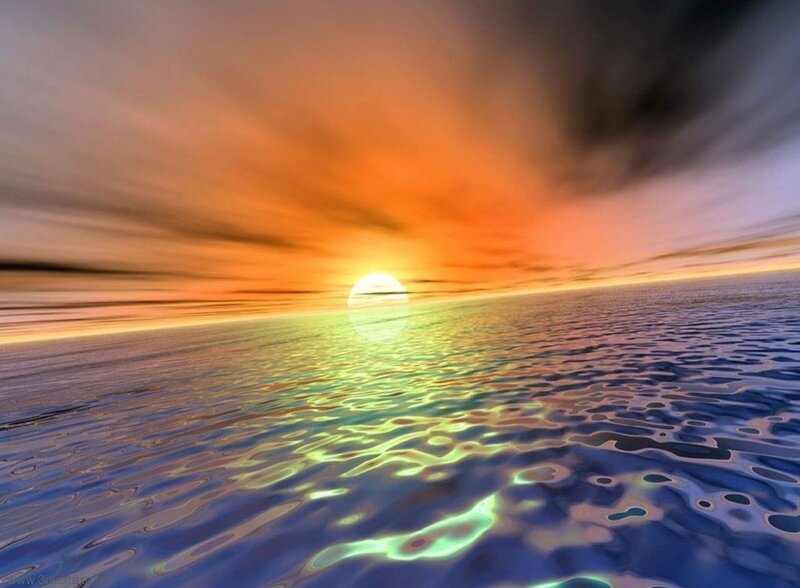 Sun Setting over Ocean — Orange, Dramatic, Sunset, Digital Art