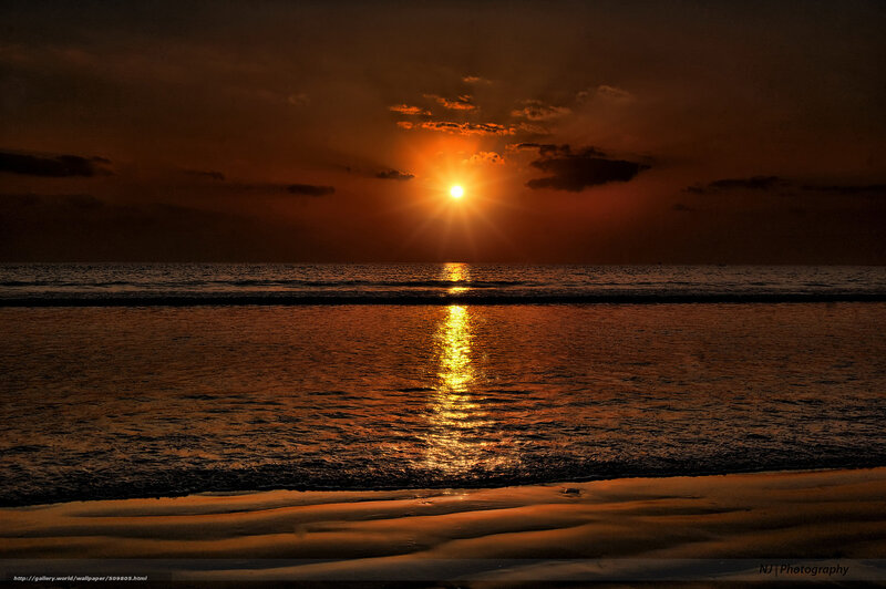 Sun Setting over Ocean — Orange, Dramatic, Sunset, Photograph, Beach, Clouds