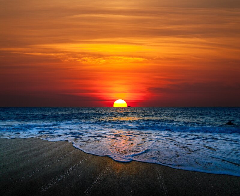 Sun Setting over Ocean — Orange, Dramatic, Sunset, Photograph, Beach, Waves