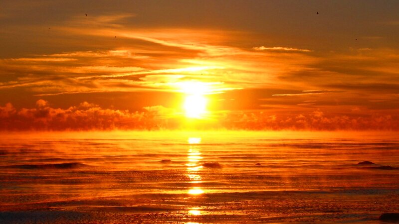 Sun Setting over Ocean — Orange, Dramatic, Sunset, Photograph, Clouds, Birds