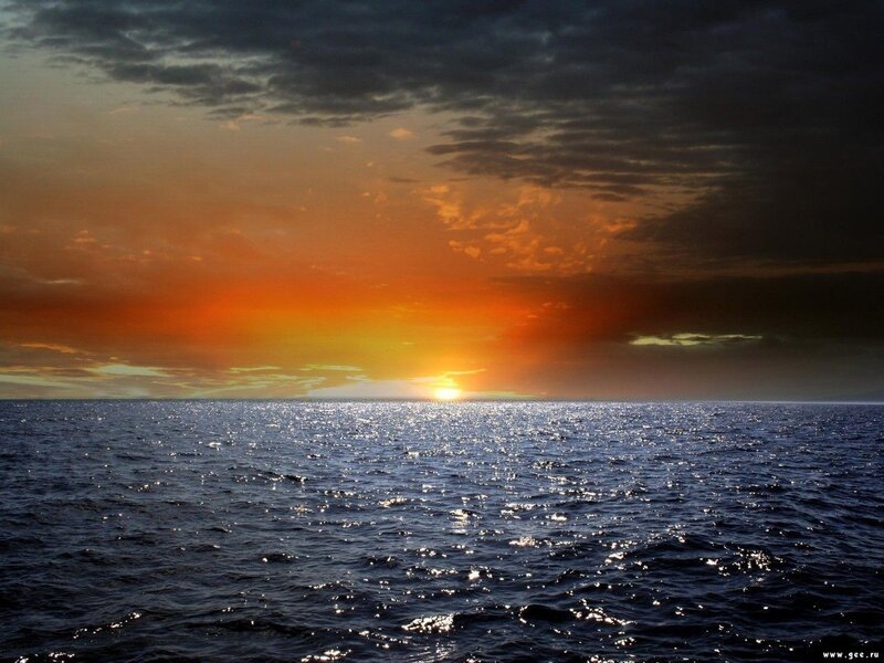 Sun Setting over Ocean — Orange, Dramatic, Sunset, Photograph, Clouds, Blue, Black