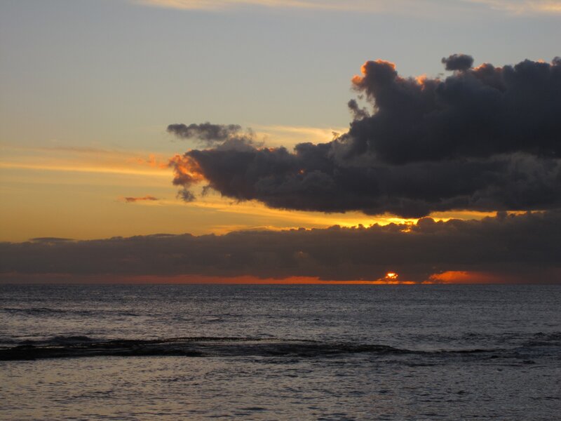 Sun Setting over Ocean — Orange, Dramatic, Sunset, Photograph, Clouds, Gray, Blue