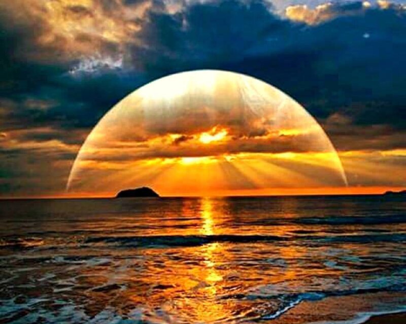 Sun Setting over Ocean — Orange, Dramatic, Sunset, Photograph, Clouds, Island
