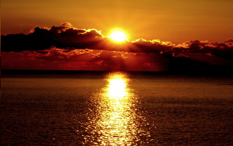 Sun Setting over Ocean — Orange, Dramatic, Sunset, Photograph, Clouds, Reflection
