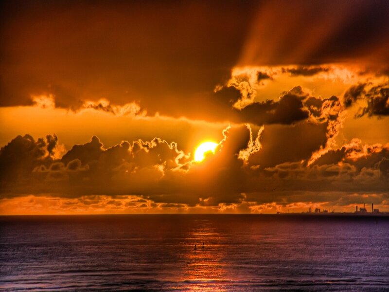 Sun Setting over Ocean — Orange, Dramatic, Sunset, Photograph, Clouds, Sea, Horizon