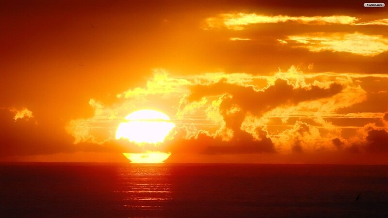 Sun Setting over Ocean — Orange, Dramatic, Sunset, Photograph, Clouds, Sea, Sky