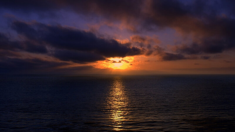 Sun Setting over Ocean — Orange, Dramatic, Sunset, Photograph, Clouds, Sea