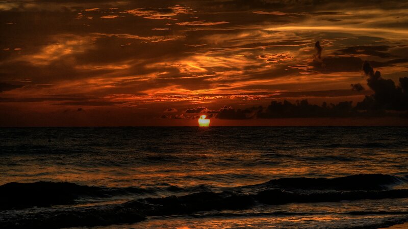 Sun Setting over Ocean — Orange, Dramatic, Sunset, Photograph, Clouds, Sea, Waves