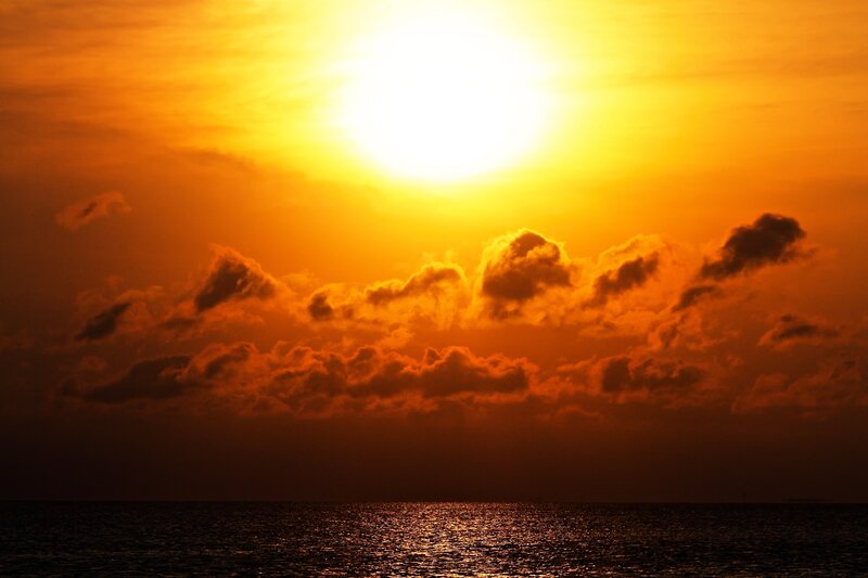 Sun Setting over Ocean — Orange, Dramatic, Sunset, Photograph, Clouds, Sea, Yellow