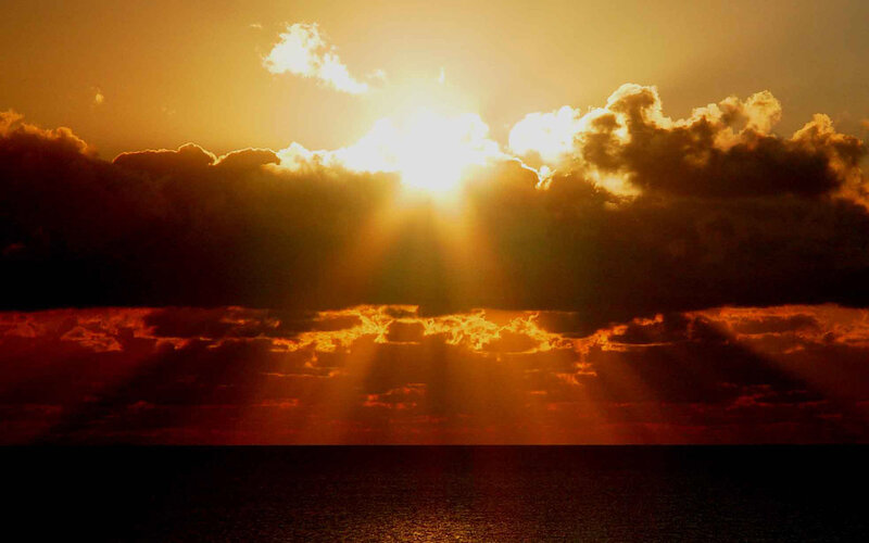 Sun Setting over Ocean — Orange, Dramatic, Sunset, Photograph, Clouds, Sunlight