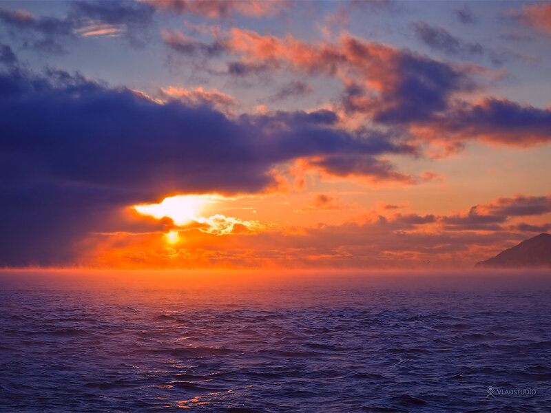 Sun Setting over Ocean — Orange, Dramatic, Sunset, Photograph, Clouds